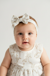 Kidzo White Olive Leaf Vine Baby Frock with Headband