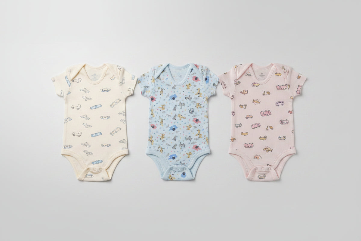 Premium Baby Bodysuit Pack of 3 - Animal & Cars Print