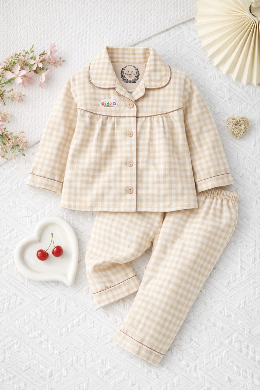 Baby Girls Beige Gingham Check Pajama Set – 0-24 Months