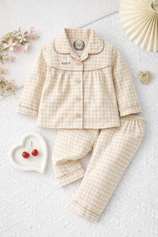 Baby Girls Beige Gingham Check Pajama Set – 0-24 Months