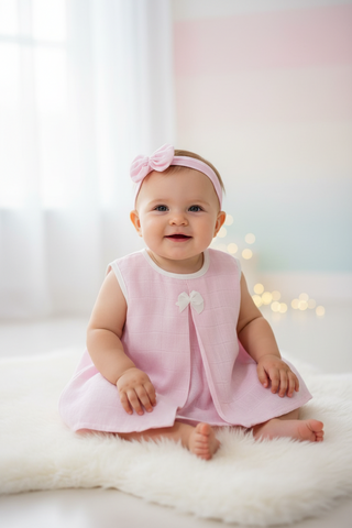 Kidzo Solid Pink Baby Frock with Headband