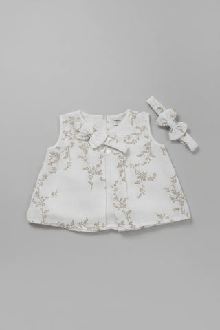 Kidzo White Olive Leaf Vine Baby Frock with Headband