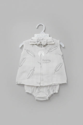 Kidzo White Grey Feather Print Baby Frock with Headband