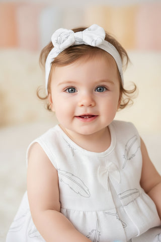 Kidzo White Grey Feather Print Baby Frock with Headband