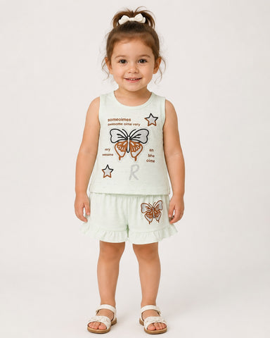 Baby Girls Butterfly Print Sleeveless Top & Ruffle Shorts Set