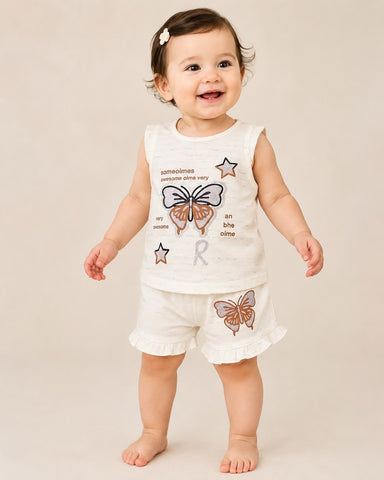 Baby Girls Butterfly Print Sleeveless Top & Ruffle Shorts Set
