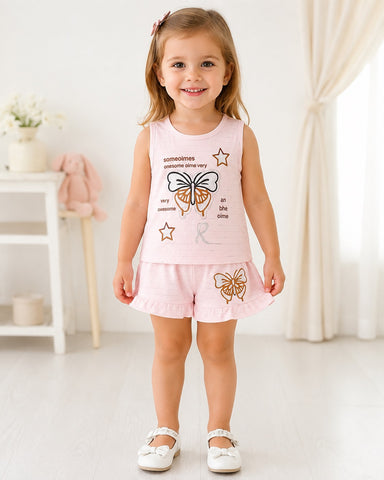 Baby Girls Butterfly Print Sleeveless Top & Ruffle Shorts Set