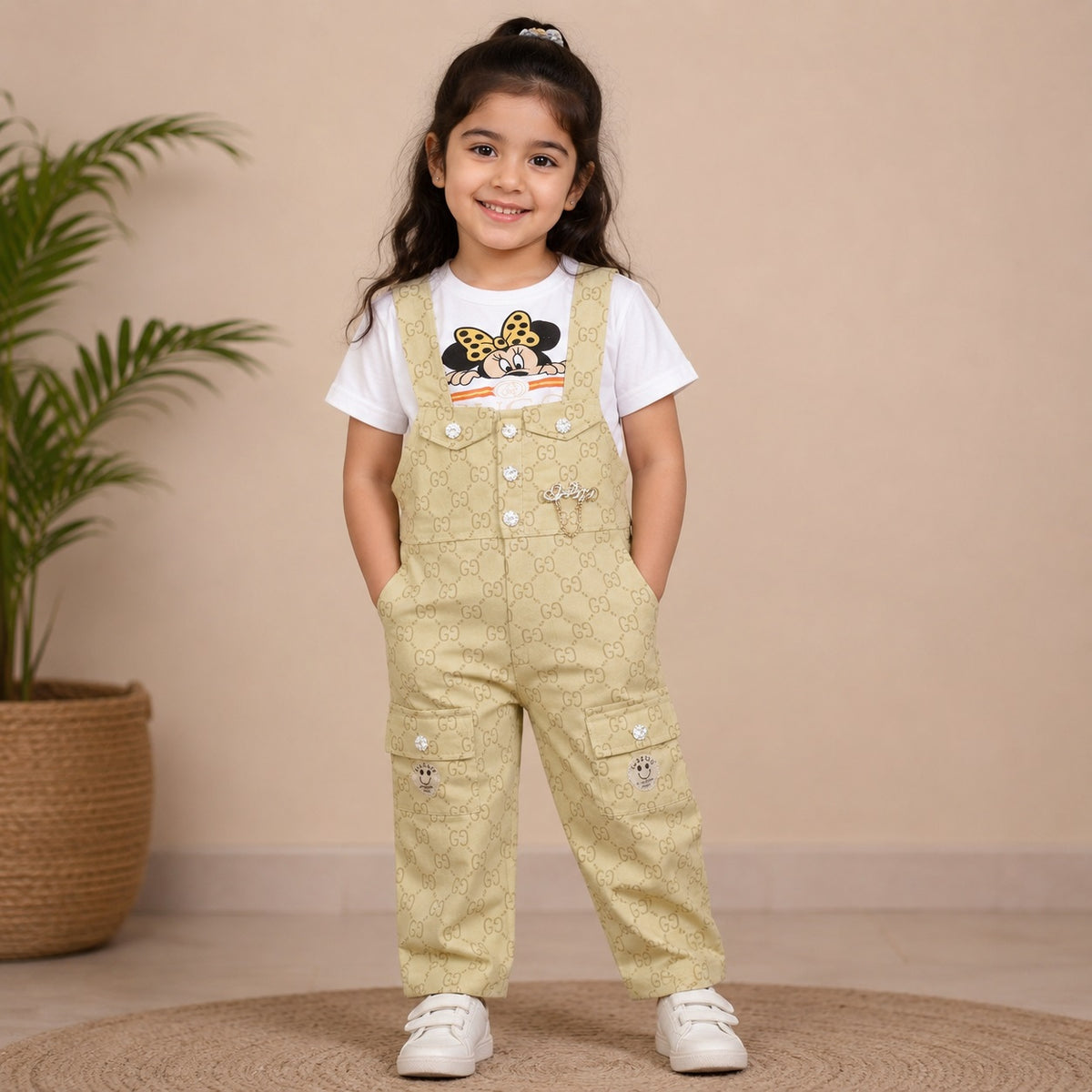 Baby Girls Cartoon Print T-Shirt & Overall Dungaree Set