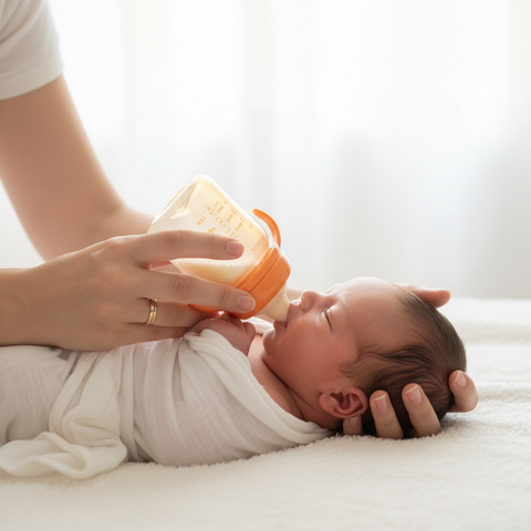 Newborn being fed with contra colic bottle