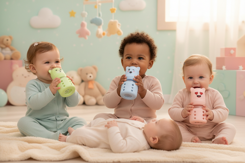 Dnei Bear Face Glass Baby Bottle in pastel colors