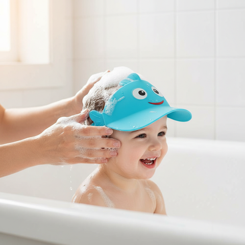 Child wearing fish shampoo cap during hair wash
