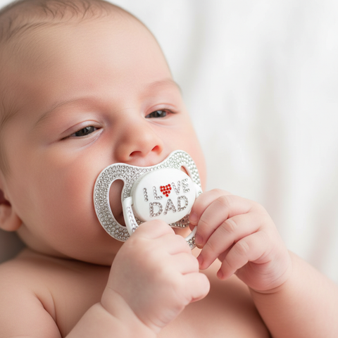 Baby using bling I Love Dad pacifier