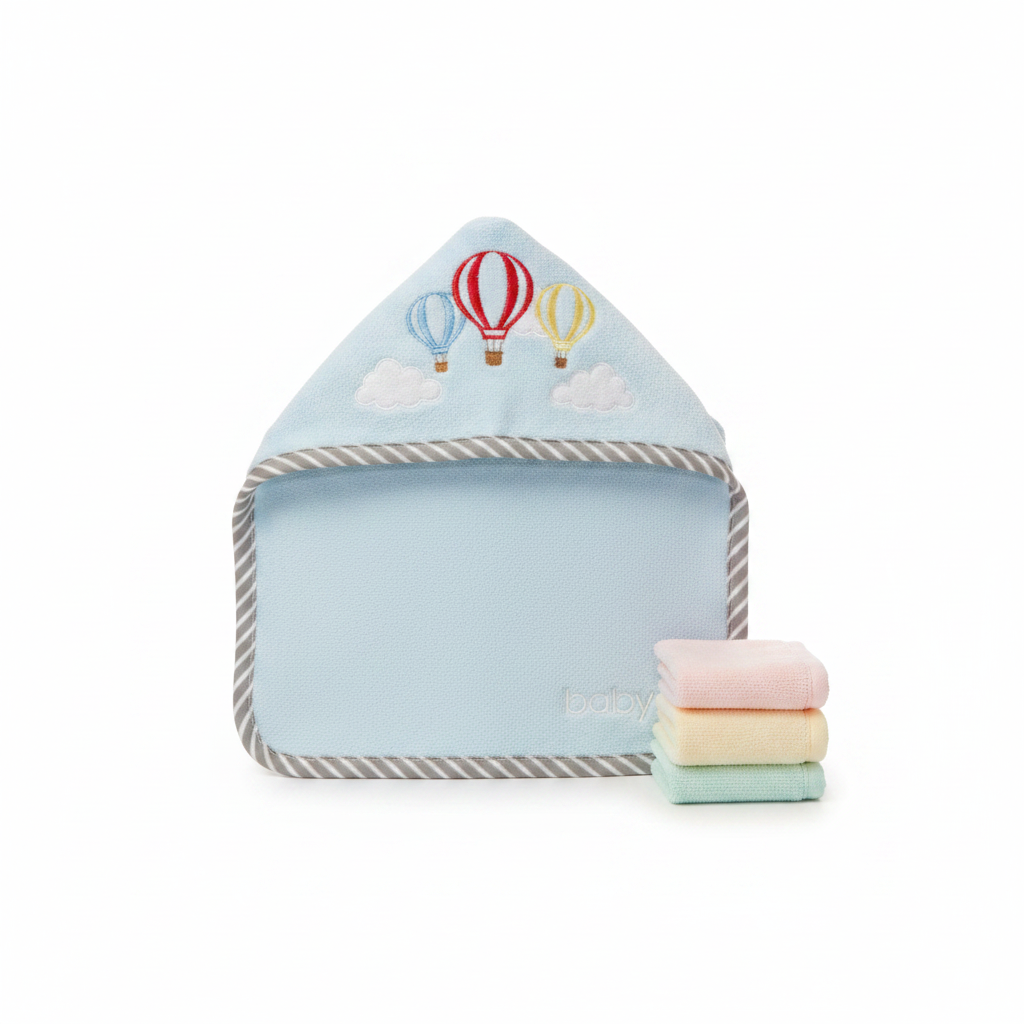 Baby Hooded Towel and Washcloths Set Hot Air Balloon