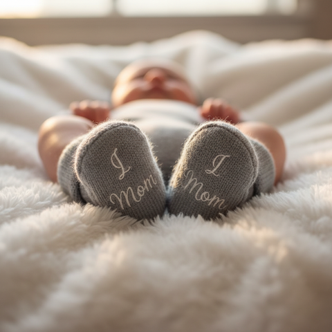 Baby wearing I Love Mom grey booties