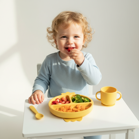 Toddler eating from chicken tableware set