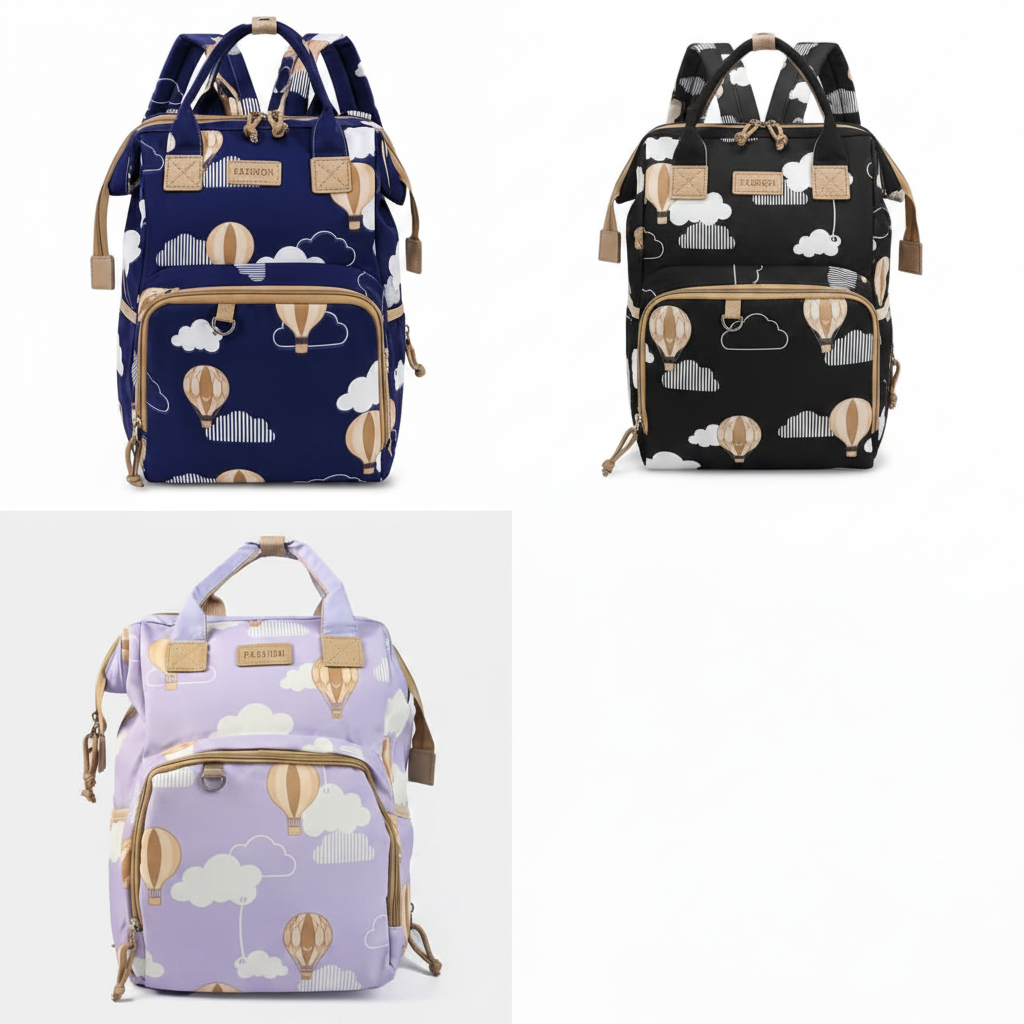Fashion Hot Air Balloon Diaper Bag Backpack in Navy Blue, Black and Lavender