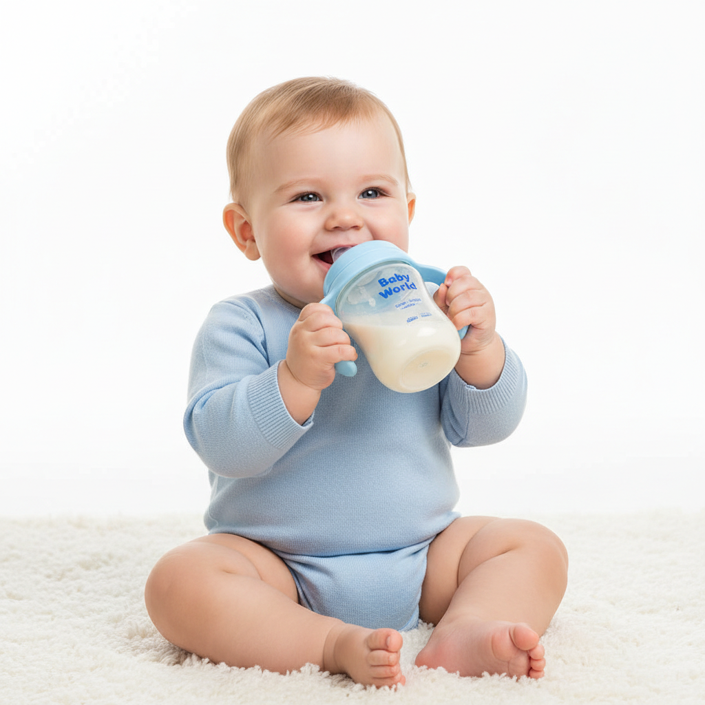Baby using Baby World blue feeding bottle