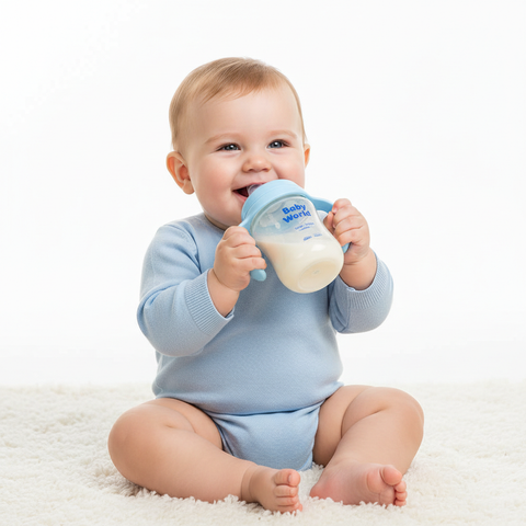 Baby using Baby World blue feeding bottle