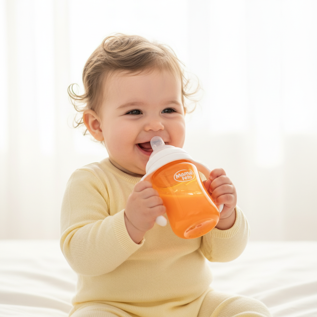 Baby using Mama Feto orange feeding bottle